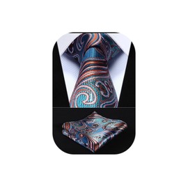 HISDERN Paisley Tie Handkerchief Woven Classic Men's Necktie & Pocket Square Set,Blue & Orange,One Size