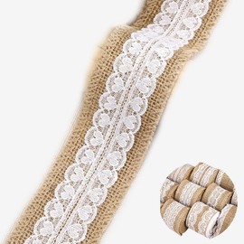HSTWODE 10 m Jute Ribbon with Lace, 5 cm Wide Natural Jute Ribbons and Lace, White Lace Natural Decoration for Birthday, Wedding Party, Christmas Decoration (Style 14#)