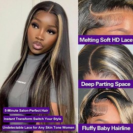 Amarlis 13x6 Synthetic Lace Front Wig - Glueless Ready to Wear 26" Synthetic Wigs for Black Women, Pre-Plucked Baby Hair Heat-Resistant Black Blonde Highlights Wig Beginner Friendly