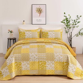 Mybedsoul Yellow Boho Quilt Set Queen Size,3 Pieces Plaid Floral Bedspread Coverlet Set Summer,Patchwork Reversible Bedding Set Queen 90"x96"