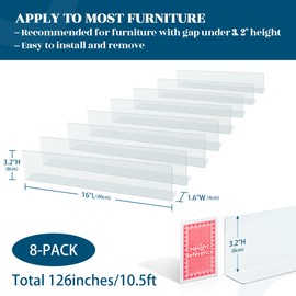 8 Pack Under Couch Blocker 15.8" L x 3.2" H Under Bed Blocker Gap Bumper Stop Toys Safety PVC Adjustable Clear Couch Guards Toys Blocker for Furniture Sofa Barrier with Strong Adhesive
