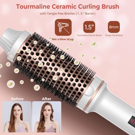 1 1/2 Inch Thermal Brush, Curling Heated Brush Round Fast Heating for Women, Double Voltage for Travel for Hair Straightening Curling Volumize, Ceramic Tourmaline Technology (White)