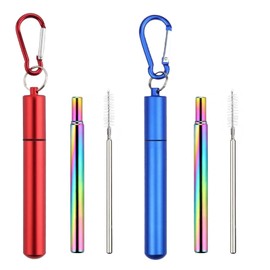 Foweroty 2 Pack Collapsible Stainless Steel Drinking Straws, Metal Reusable Straws, Travel Retractable Straws with 2 Aluminum Case, 2 Cleaning Brush, and 2 Keychains, Cruise Ship Essentia(Red&Blue)