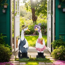 Juliahestia Porch Goose Statue Outfits Large Garden Sculpture Cement Home Outdoor Decorations Lawn Resin Big Duck Figurine Outside Yard Concrete Geese Decor Farmhouse Duckling Couple Dress Up