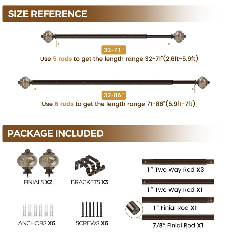 KAMANINA 1 Inch Curtain Rods for Windows 48 to 84