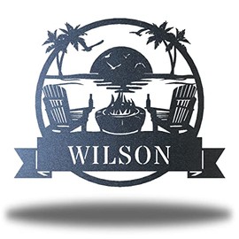 Riverside Designs Coastal Beach Scene Custom Monogram Ocean Metal Art Steel Wall Decor Sign | Heavy-Duty and Waterproof | Made in USA (12", Black)