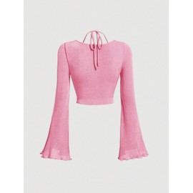 Floerns Women's Y2k Flare Sleeve T Shirts Halter Neck Ruched Going Out Crop Tops Light Pink Medium