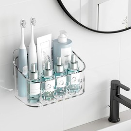 TZAMLI Wall Mounted Shower Organizer, Acrylic Cabinet Door Organizer, Clear Shower Caddy Storage Basket, Self-Adhesive Shelf for Bathroom Kitchen Pantry, Small