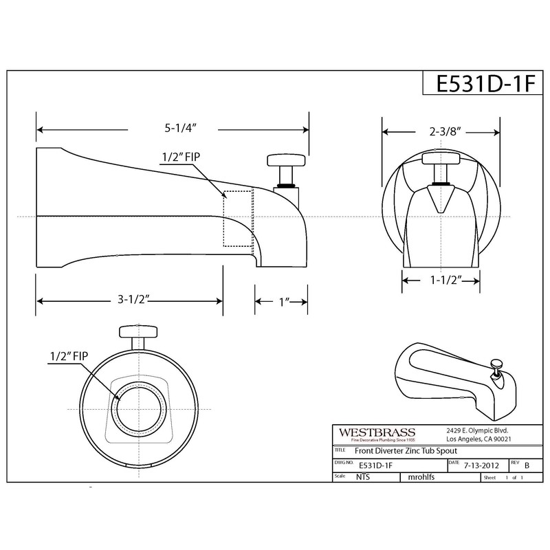 Westbrass E531D-1F-2-62 5-1/4" Reach Wall Mount Tub Spout with Front