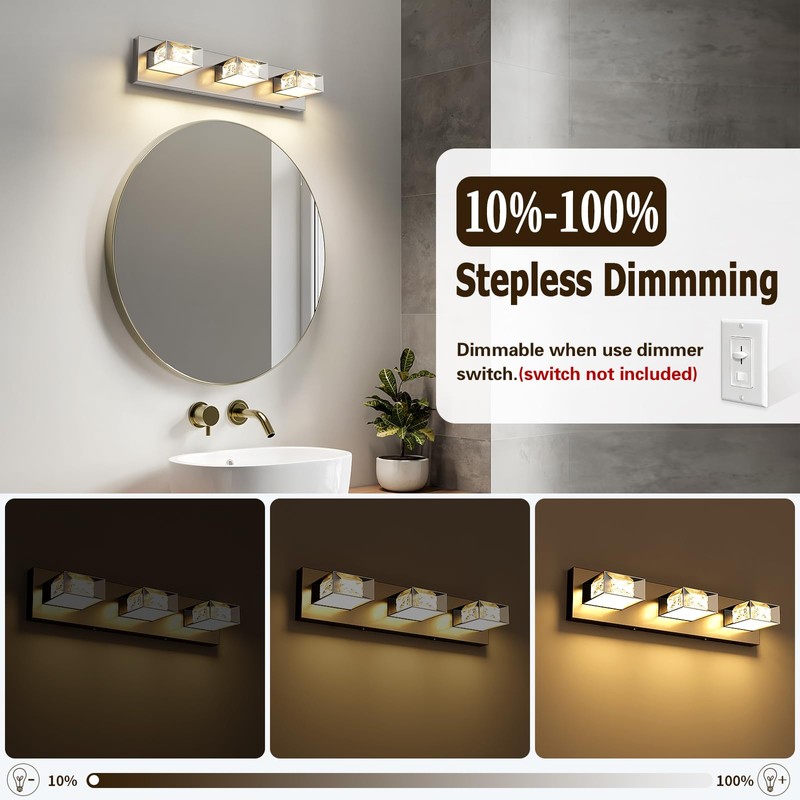 Joossnwell Brushed Nickel Bathroom Vanity Light Crystal 5CCT Dimmable Bathroom