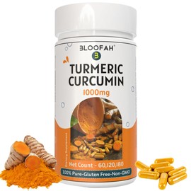 Bloofah Turmeric Curcumin Capsules 1000mg - 180 Count | Natural Turmeric Extract 10:1 (Cucurma Longa) Powder | 100% Pure, Gluten Free Herbal Supplements for Overall Wellness - Non-GMO