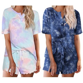 Ekouaer 2 Pack Womens Pajama Sets Short Sleeve Top with Shorts Soft Loungewear Set Comfy Sleepwear,GP1,XL