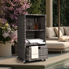 Outdoor Towel Rack for Pool Outdoor Pool Towel Storage Cabinet with Shelf & Drawer Pool Towel Holder with Rolling Wheels Hot Tub Towel Rack w/Waterproof Cover Poolside Towel Valet Caddy for Spa Grey