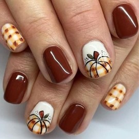 24Pcs Thanksgiving Press on Nails Short Square Fake Nails with Pumpkin Grid Design Brown Full Cover False Nails Fall Acrylic Nails Press ons Reusable Stick on Nail for Women Manicure Decoration