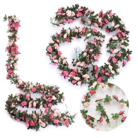 Fake Rose Vines Flowers Plants, 2 Pack 8.2 Feet Artificial Rose Flower Vine Hanging Flower Garland for Room Home Hotel Office Wedding Party Garden Craft Art Decor Pink
