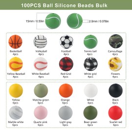 Sunrony 100pcs Sports Silicone Beads 15mm, Basketball Football Volleyball Tennis Ball Baseball Prints Silicone Beads for Keychain Making, Necklace Bracelet Making(Sports)