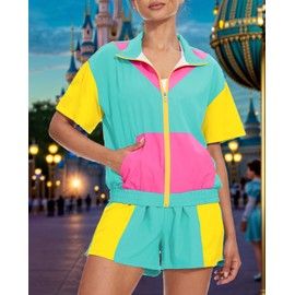 UOUA 90s Outfits for Women 80s Short Sleeve Neon Party Clothes Freaknik Nostalgia Tracksuit Zip Windbreaker and Shorts Set, Mintgreen, Large