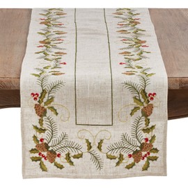 SARO LIFESTYLE 1851.N16120B Joyeuses Fêtes Collection Embroidered Pinecone And Holly Table Runner, 16" x 120", Natural