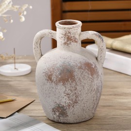 Ceramic Vase 7.68 Inch Rustic Ceramic Farmhouse Terracotta Vase with Handles Decorative Pottery Flower Boho for Home Decor Living Room Bathroom Shelf Decor