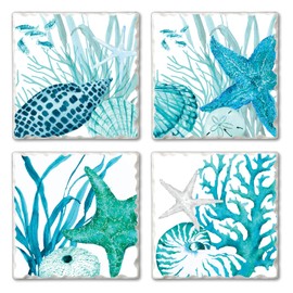 Highland Home Assorted Tumbled Tile Coaster Set - Coral Life 4 Pack
