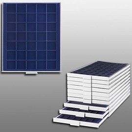 Prophila Collection Coin Box Grey 35 Square Compartments for Coins up to 36 mm, Blue Insert e.g. 10 DM, 10 Euro, 5 Rubles