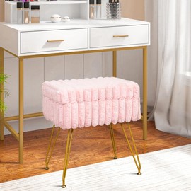 xuperbonus Faux Fur Vanity Stool with Storage Ottoman, Vanity Chair for Makeup Room, Vanity Stools for Bedroom,Footrest with Metal Legs and as a Coffee Table(Pink)