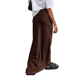 Vrtige Women's Elegant Satin Silky High Waist Zipper Flowy A Line Long Maxi Skirts Solid Dark Brown Medium
