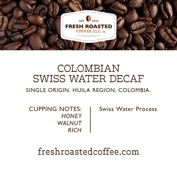 Fresh Roasted Coffee, Swiss Water Decaf Colombian, 12 oz, Medium Roast, Kosher, Whole Bean