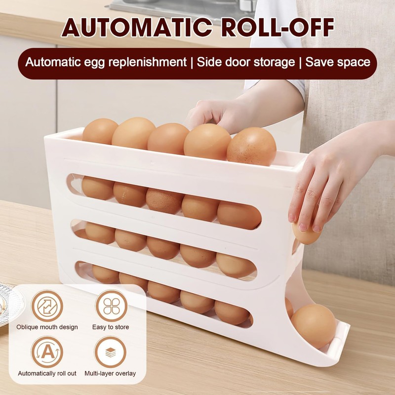 MEETOZ 4 Tiers Egg Holder for Fridge, Automatic Scrolling Egg