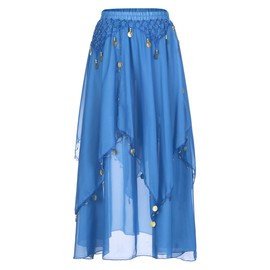 HULIJA Women's Belly Dance Skirt Long Dance Skirt Sequins Asymmetrical Skirt Dance Stage Skirt Carnival Dance Outfit Oriental Costumes, A Light Blue