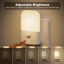 Pack of 2 Night Light Socket with Motion Sensor, 5 Adjustable Brightness Levels, Night Light, On/Off/Auto Modes, 2700 K Warm White Sockets Light for Hallway, Bedroom, Stairs, Children's Room, Kitchen