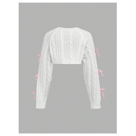 OYOANGLE Girl's Bowknot Long Sleeve Open Front Crop Cardigan Y2K Knit Bolero Shrug Sweaters White 11Y