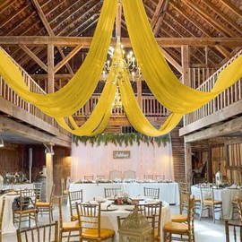 MODFUNS Gold Ceiling Drapes 5x20ft 2 Panels Wedding Arch Draping Fabric Sheer Ceiling Drapery Tulle Ceiling Covering Fabric Semi Sheer Chiffon Curtain Swag Drapes for Wedding Party Reception Decor