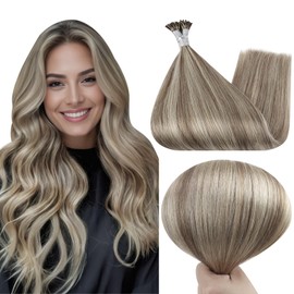 Full Shine I Tip Human Hair Extensions Hot Fusion Stick Hair Extensions 18 Inch Ash Brown Highlights Platinum Blonde Silky Straight I Tip Hair Extensions Pre Bonded Hair Extensions #8P60