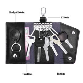 BAKUN Compact Leather Car Key Case, Key Holder Key Organizer Wallet, With 6 Hooks(Black)