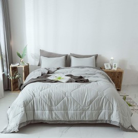 KASENTEX Quilted Comforter Set with Stylish Ruffled Edge Trim Nostalgic Design 3 Piece Mini Set, Microfiber Soft Warm Bedding with Shams (Light Grey, Queen + 2 Standard Shams)