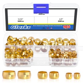 Glarks 105pcs 3 Sizes Brass Compression Sleeves Ferrules, Brass Compression Fitting Assortment Kit(3/8" and 1/4" and 5/16")