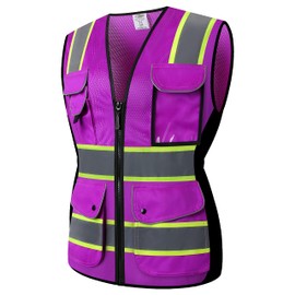JKSafety 9 Pockets Women Hi-Vis Reflective Safety Vest | Mesh Neon Purple | Reflective Strips with Yellow Extended Trims | ANSI Compliant (168-Purple, S)