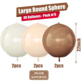 6Pcs Nude Cream Beige Round Foil Balloons, 22inch 4D Apricot Brown Tan Large Mylar Ball Balloons, for Boho Birthday Wedding Baby Shower Party Backdrop Decorations