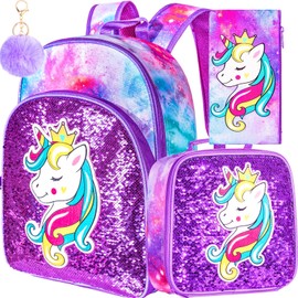 FTJCF 3PCS Girls Backpack, 16" Kids Sequins Unicorn Bookbag with Lunch Box, School Bags for Elementary Preschool Kindergarten - Purple