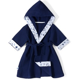 Pepi MADE IN POLAND Bathrobe Children's Baby Unisex – Bathrobe Children Boys 100% Cotton – Children's Bathrobe Girls with Hood, Magic Space Midnight Blue L