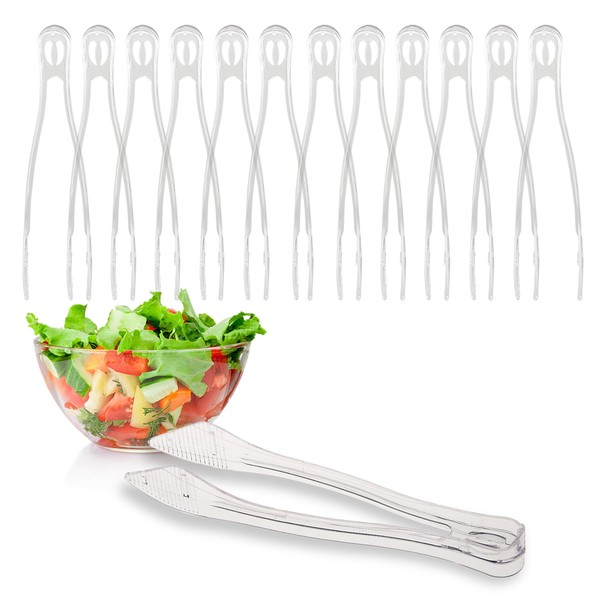 PARTY BARGAINS 8.5 Inches Plastic Serving Tongs, 12 Pack, Premium Quality & Heavy-Duty Clear Plastic Tongs for BBQ, Salads, Grilling, Buffets, Kitchen