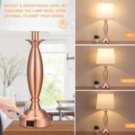 Rose Gold Lamps for Bedrooms Set of 2 - Touch Control Bedside Lamp with USB C+A, 3 Way Dimmable Nightstand Lamps with USB Port(White Shade and Rose Gold Base)