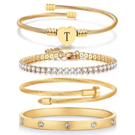 14K Gold Plated Letter Initial Bracelet for Women Dainty Heart Cuff Bangle Custom Jewelry Gift Set (style1-T)