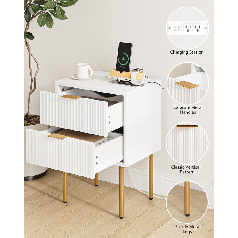 Masupu Nightstand with Charging Station,Mid-Century Modern Bedside Table with 2