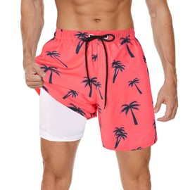 MaciRept Mens Swim Trunks with Compression Liner 7" Bathing Suit Quick Dry Beach Board Shorts Palm Tree Swim Trunks with Zipper Pockets