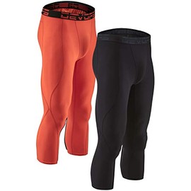 DEVOPS 2 Pack Men's 3/4 Compression Pants Athletic Leggings (Small, Black/Orange)