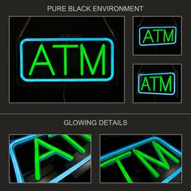 ATM Neon Sign, Small Size, 12"×6", USB Powered, 9 Levels of Brightness, Suitable for Bank Supermarket Convenience, Easy to Install on Store Wall Window as Room Decoration (Green, Transparent Acrylic)
