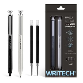 WRITECH Gel Pens Fine Point: Premium Metal Barrel Retractable 0.7mm Black Ink Pen 2ct with 2 Refills No Smear & Bleed Quick Dry Smooth Writing Silent Click Luxury Up-Gel