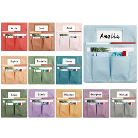 gisgfim 12 Pcs Small Chair Pockets for Classroom 13 x 14 Inch Seat Sacks With Name Tag Multi Pockets k-2 Back of Chair Bag Cover Pouches Organizer for Primary School Kindergarten Home Supplies